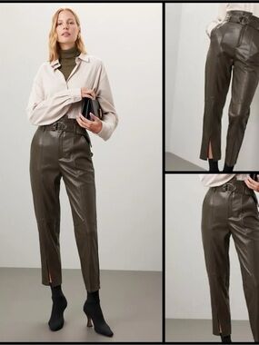 Marissa Webb Split Hem Olive Crop Leather Modern Grommet Belt Old Money Pants 8